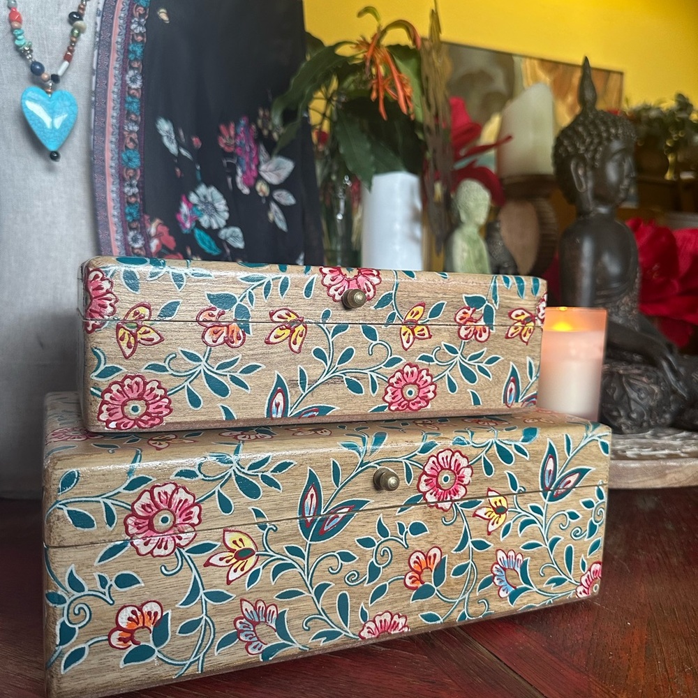 Handpainted Floral Wooden Storage Boxes set of 2